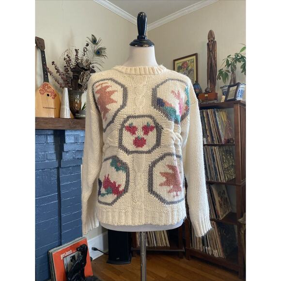 Cabin Creek Sweaters - Vintage Cabin Creek White Cable Knit Sweater M Cottagecore Aztec Floral 90s Y2k